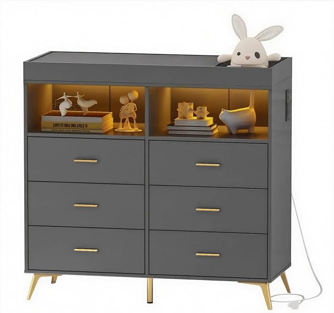 Changing Table Dresser with Drawers, Baby Dresser with Changing Table Top, Power Outlet, LED Light & Metal Feet, Diaper Changing Station Nursery Organizer for Infants Newborn (Grey)