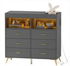 Changing Table Dresser with Drawers, Baby Dresser with Changing Table Top, Power Outlet, LED Light & Metal Feet, Diaper Changing Station Nursery Organizer for Infants Newborn (Grey)