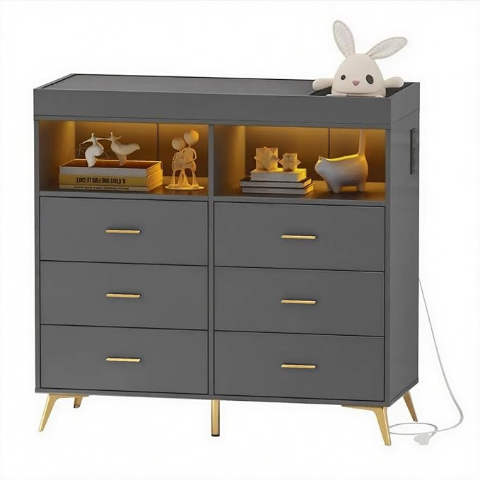 Dresser for Bedroom with 6 Drawers, Multi-Functional Nursery Dresser with LED Lights & Charging Station,Baby Changing Table Table with Diaper Changing Station