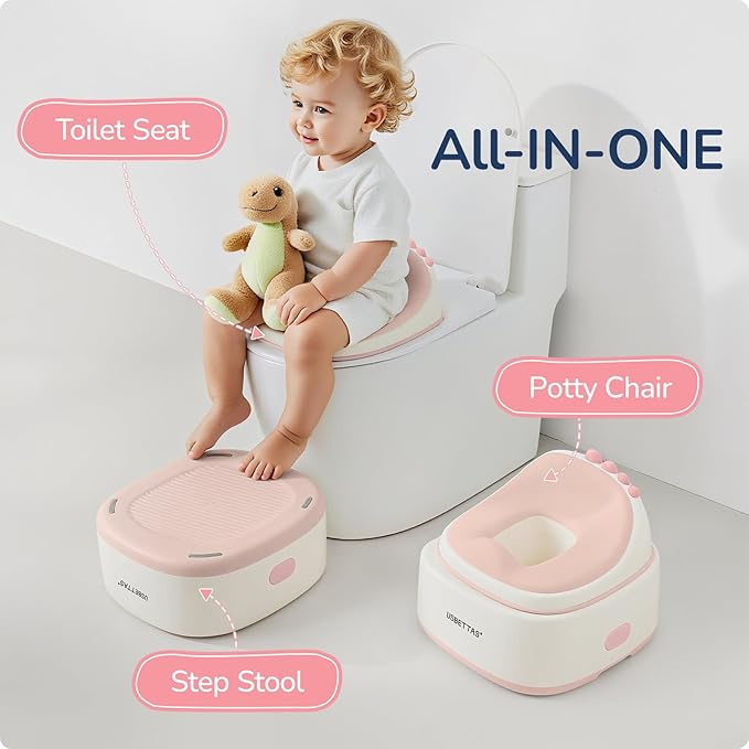 3 in 1 Potty Training Toilet, Dinosaur Toddler Potty Training Seat for Boys Girls with Comfortable Cushion, Easy-to-Clean and Anti-Slip Potty Training Step Stool for Toilet (Pink)