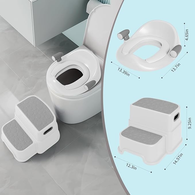 Potty Training Toilet Seat with Kids Step Stool Anti-Slip Toddler Seat, Soft Cushion, Baby Potty Training Set for Boys & Girls (Grey)