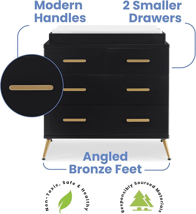 Delta Children Sloane 4 Drawer Dresser with Changing Top and Interlocking Drawers, Black/Bronze