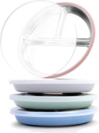 Stainless Steel Toddler Suction Plate with Lid, Deepened 9" Divided Plates with Removable Silicone Sleeves for Kids, Non Toxic Unbreakable Snack Dishes Set of 4, Sage Blue Gray Blush