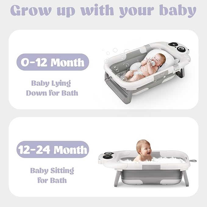 Foldable Baby Bathtub, Lightweight Bathtub for Infants to Toddlers with Soft Cushion & Thermometer, Portable Baby Tub Newborn to Toddler 0-24 Months(Grey)