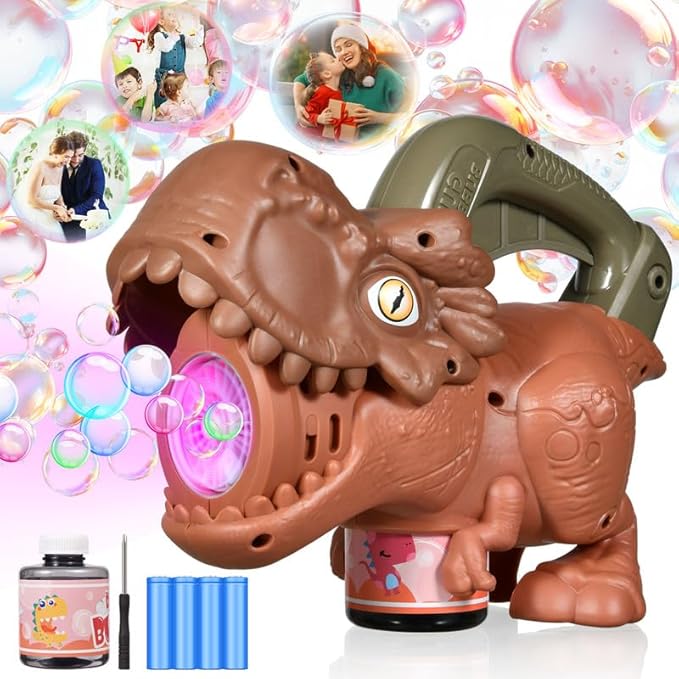 Dinosaur Bubble Machine with Colorful Lighting for Kids Automatic Handheld Dinosaur Bubble Toy 20000+ Big Bubbles Per Minute Bubbles Toy for Outdoor Parties Yard Fun Kids Gift Tyrannosaurus Brown