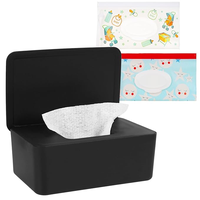 Diaper Wipes Dispenser Wipes Holder, Wipes Tissue Case Keeps Wipes Fresh Tissue Wipes Container with Lid (Black)