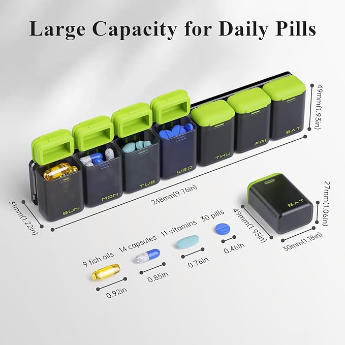 Weekly Pill Organizer Magnetic, Removable Pill Box 7 Day 1 Time a Day, Large Pill Case Travel, Week Once Daily Medication Dispenser, Medicine Container Holder for Supplement Vitamin, Green