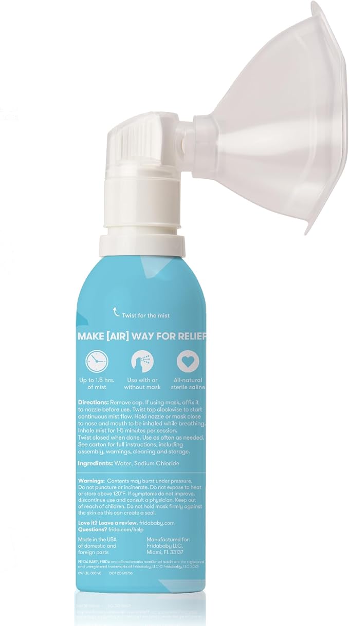 Frida Baby NoseFrida Saline Mist Nasal Inhaler, Decongestant Spray for Congestion & Allergy Relief for Babies + Kids, Nasal Saline Spray, Soothes Stuffy Nose & Sore Throat, Includes Mask