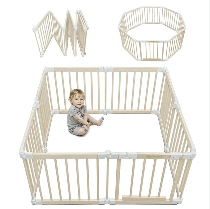 Foldable Wooden Playpen for Babies and Toddlers, Baby Play Pen with Gate, Portable Baby Fence Indoor Activity Center, Adjustable Size & Shape, 51"x 51", 8 Panels