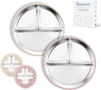 Stainless Steel Baby Plate with Suction, 8” Divided Toddler Plates with Removable Silicone Sleeves for Kids, Non-Toxic Non-Slip Unbreakable Dishwasher Safe Dinnerware Set of 2, Pink & Beige