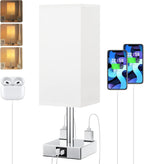 Touch Bedside Table Lamp for Nightstand - 3-Way Dimmable Night Lamp with USB A + Type C Charging Ports and Two AC Outlets, Small Desk Light with E26 LED Bulb for Bedroom Living Room Dorm Office,White