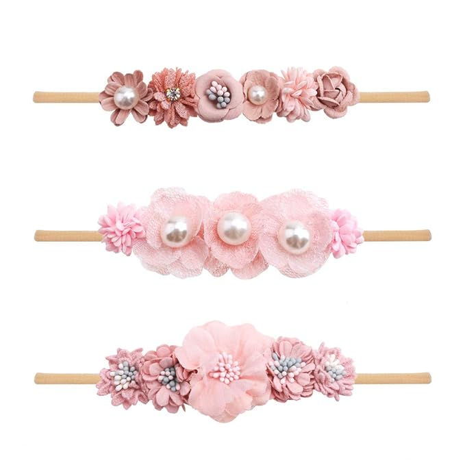 Baby Girl Nylon Headbands Flower Hair Bows Accessories-Elastic Hair Band Crown Handmade FLoral Wraps Birthday Gifts for Girls Newborn Infant Toddler 3Pcs
