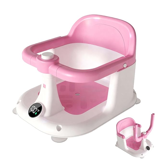 Baby Bath Seat for Infants 6 Months & Up - Adjustable Sitting up Bathtub Chair with Surround Design & Temperature Sensor, Non-Slip 4-Suction Base for Infant Bath Safety (Pink)