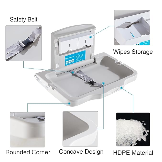 Baby Changing Station Wall Mounted Baby Changing Table Foldable Diaper Changing Unit Commercial Restrooms Horizontal HDPE Meterial with Safrty Strap White Gray