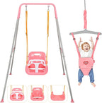 4-in-1 Toddler Swing Set & Baby Jumper and Bouncer for Toddlers, Foldable Baby Swing Stand for Outdoor Indoor Play, Easy to Assemble and Store for Ages 6 Months to 10 Years Old(Pink)