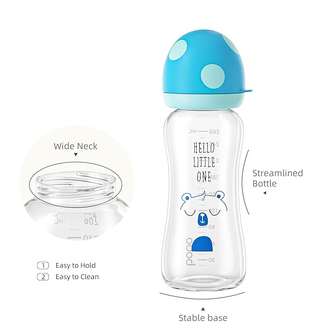 YOHKOH Natural Glass Baby Bottle with Natural Response Nipple, Newborn Anti-Colic Baby Bottles, Wide Neck Mushroom Cap Baby Bottle, Clear (8.8ounce (Pack of 4), Blue1)