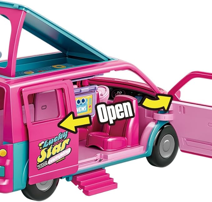 Doll Camper Van Playset for Girls,Portable Pretend Doll Car Set for Kid,Colorful Camper Vehicle RV Van with Furniture, Pool & Accessories,Outdoor Transformable Vehicles, Toddler Toys 3+