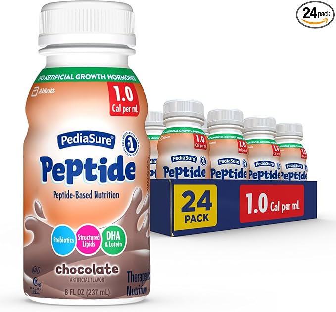 PediaSure Peptide 1.0 Cal,24 Count,Complete,Balanced Nutrition for Kids with GI Conditions,Peptide-Based Formula,with 7g Protein and Prebiotics,for Oral or Tube Feeding,Chocolate,8-fl-oz Bottle