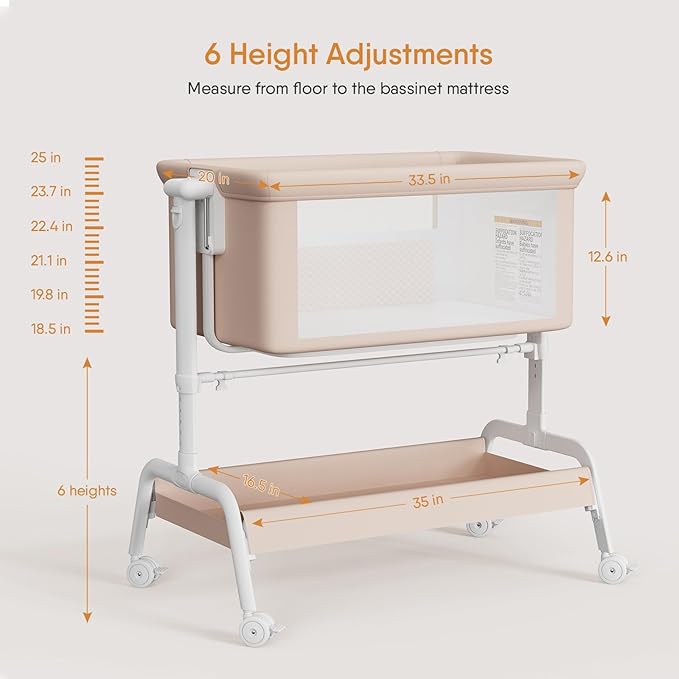 3-in-1 Baby Bassinet, Rocking Bassinet, Bedside Bassinet for Baby, Stable and Secure Bassinet Bedside Sleeper for Newborn & Infant, 6 Height Adjustable with Wheels, Mattress & Breathable Mesh (Khaki)