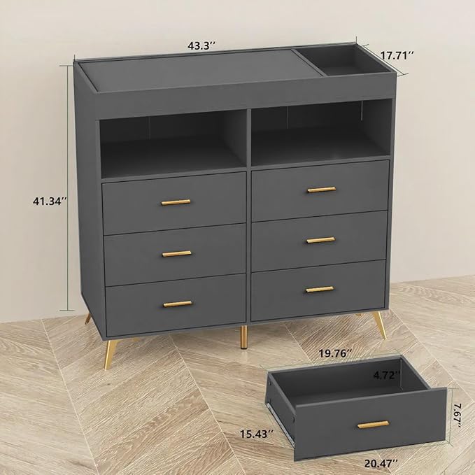 Changing Table Dresser with Drawers, Baby Dresser with Changing Table Top, Power Outlet, LED Light & Metal Feet, Diaper Changing Station Nursery Organizer for Infants Newborn (Grey)