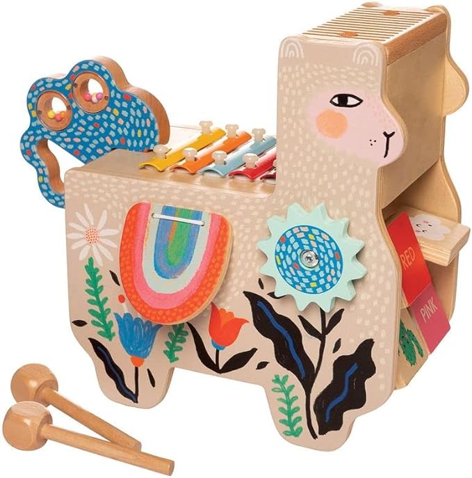 Manhattan Toy Musical Llama Wooden Instrument for Toddlers with Maraca, Clacking Saddlebags, Drumsticks, Washboard & Xylophone