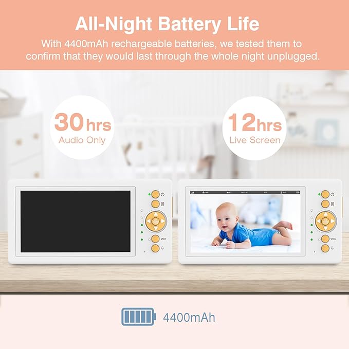Baby Monitor No WiFi, 5" 720P HD Screen Baby Monitor with Camera and Audio with 30hrs Long Battery Life, Baby Camera Monitor Two-Way Talk, VOX, Infrared Night Vision, Temperature Monitoring