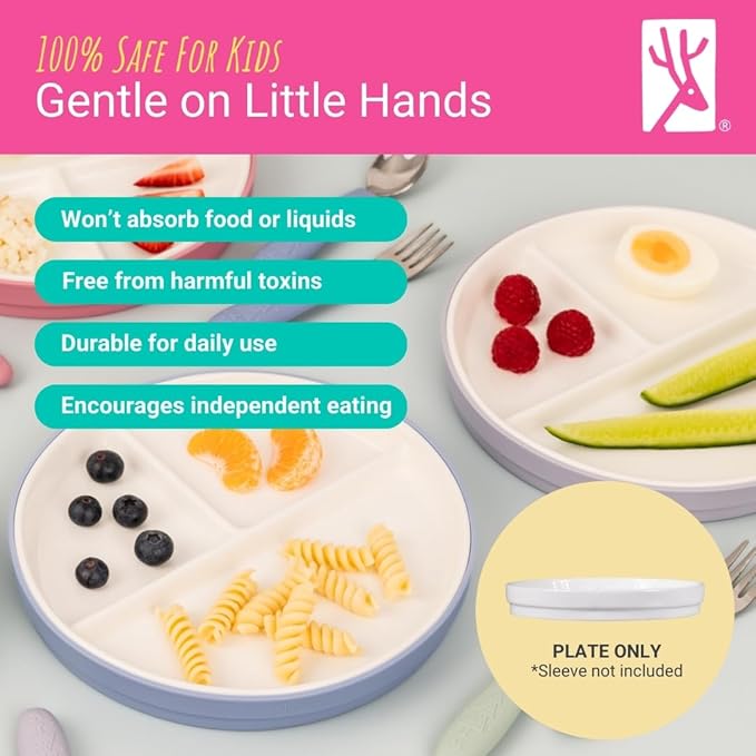 Elk and Friends Kids 6.7” Porcelain White Plates | Divided Plates | Suitable for Kids/Toddlers | Microwave & Dishwasher Safe | Non Slip | Snack Dishes | 2 Pack