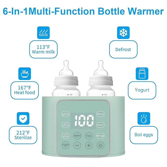 Baby Bottle Warmer 9-in-1 Multifuntion Breast Milk Warmer, Fast Baby Food Heater and Defrost Warmer with Timer for Twins, LCD Display Accurate Temperature Adjustment, 24H Constant Mode-Green