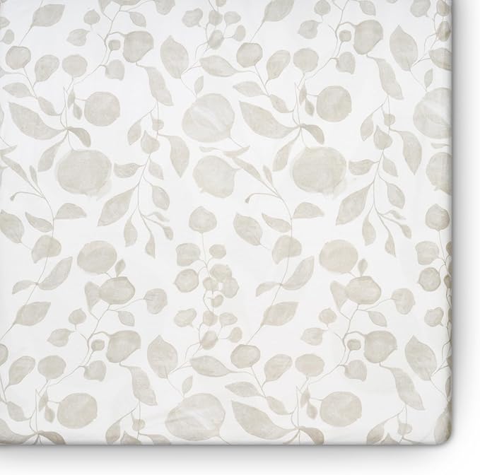 Oilo Crib Sheet, Breathable 100% Turkish Cotton Fitted Jersey, 300 Thread Count, Machine Washable, Fits Standard Crib (28" x 52" x 6"), Toddler Bedding, Girl, Boy, & Neutral Nursery Design, Beige Leaf