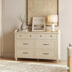 WAMPAT Beige Dresser for Bedroom with 6 Drawers, Farmhouse Kids Dressers with Wide Chest of Drawers, Light Wood Closet Storage Organizer, Baby Dresser for Living Room, Nursery