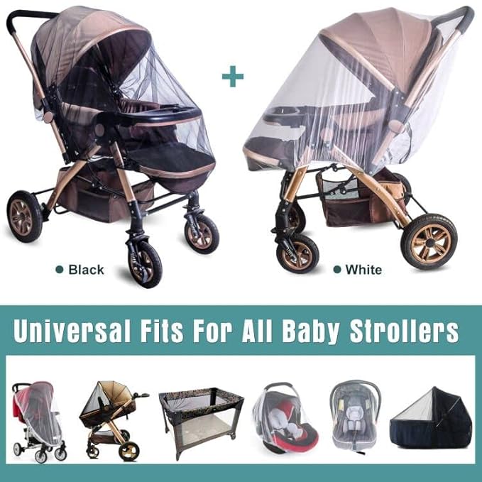 Durable Baby Stroller Mosquito Net (2 Pack) - Universal Elastic Edge Mesh Cover for Bassinets, Cradles, Playards, Car Seats & Mini Cribs | Breathable Travel Essential Newborn Protection (Black+White)