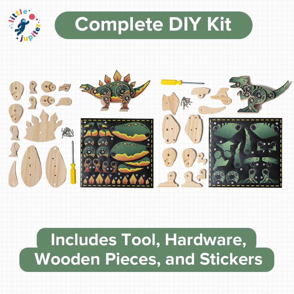 Little Jupiter DIY Wooden Kit with Stickers - Dinosaur Toys for Kids for 7-12 Yrs - Dinosaur Toy Woodworking Kits - Wood Crafts - Building Kit - Wooden Crafts (Stegosaurus & TRex)