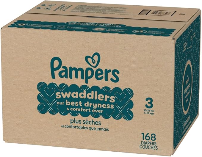 Pampers Swaddlers Diapers, Size 3 (13-26 lbs), 168 Count, Absorbent, Keeps Baby Dry and Comfortable, Skin Safe Disposable Baby Diaper (Packaging May Vary)