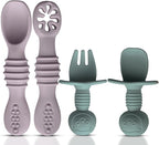 4pc Silicone Baby Spoons Self Feeding Baby Utensils 6-12 Months - 3 Baby Spoon - 1 Baby Fork - Toddler Cutlery Set - BPA Free, Dishwasher Safe, Baby Eating Essentials (Light pink/Army Green)