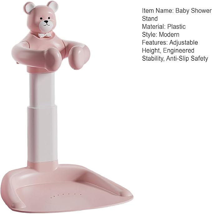 Adjustable Baby Shower Stand with Anti-Slip Base, Huggable Bear Bath Support, Portable Baby Shower Stand, Bath Shower Standing Support Baby Bath Stand for Infants Babys Pink Bear