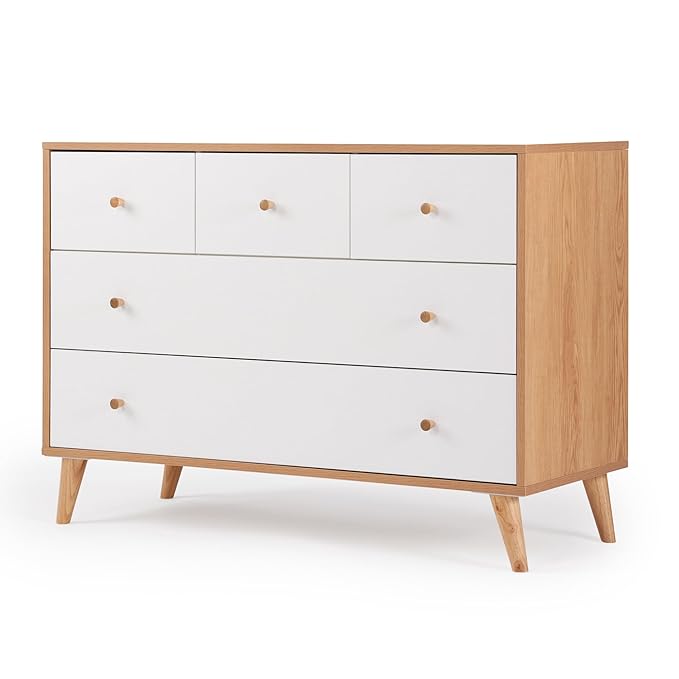 dadada Austin 5-Drawer Dresser for Nursery and Bedroom - Modern Design, Large Storage, Baby-Safe Finish, Anti-Tip Safety, Solid Wood Feet, Durable Construction (White+Natural)