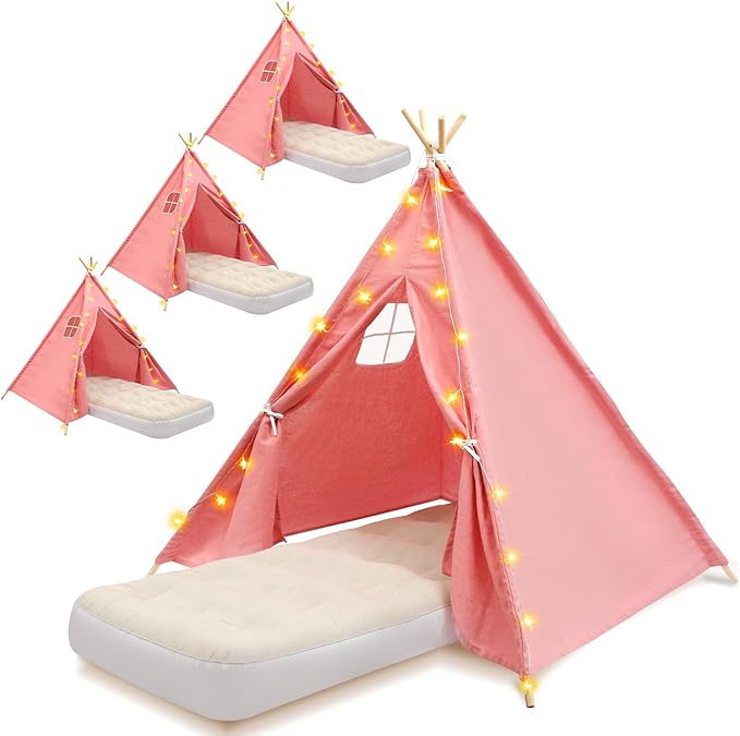 4 Pack Teepee Tent for Kids with Light String and Inflatable Airbed, Slumber Party Tents, Sleepover Tents Party for Girls Boys Indoor Outdoor (Pink)