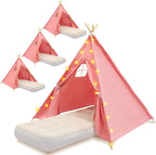 4 Pack Teepee Tent for Kids with Light String and Inflatable Airbed, Slumber Party Tents, Sleepover Tents Party for Girls Boys Indoor Outdoor (Pink)