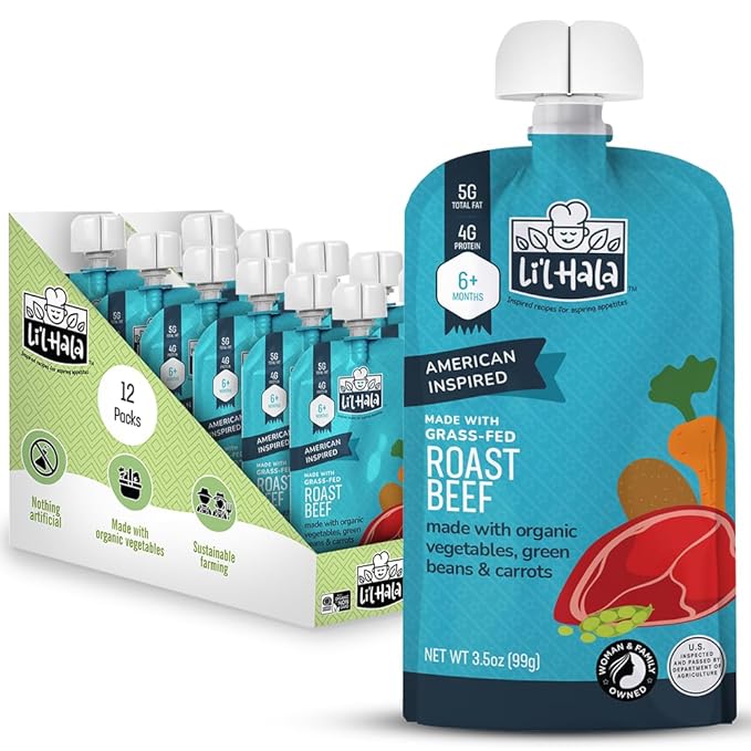 Li’l Hala Baby Food Pouches – Grass-Fed Roast Beef & Organic Veggies – Toddler Pureed Meals with Meat – Protein & Healthy Fats –No Sugar/Hormones – 6+ Months – 3.5 oz (12 Pack)