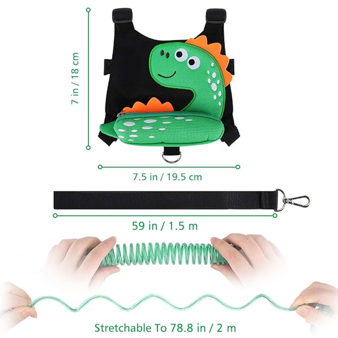 3 in 1 Toddler Harness Leash + Baby Anti Lost Wrist Link, Accmor Cute Dinosaur Child Safety Harness Tether, Kids Walking Wristband Assistant Strap Belt for Parent Boys Outdoor Activity (Black)