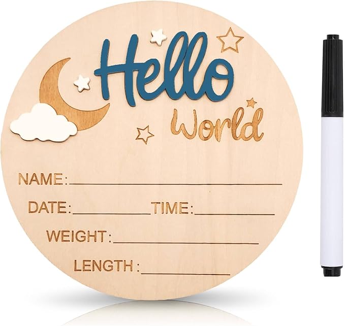 Baby Announcement Sign, 5.9 Inch Wooden Hello World Newborn Signs, Birth Announcement Sign and Pen, Moon and White Cloud Decoration, Welcome Newborn Arrival to World, Hospital Nursery for baby (Dark Blue)
