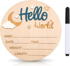Baby Announcement Sign, 5.9 Inch Wooden Hello World Newborn Signs, Birth Announcement Sign and Pen, Moon and White Cloud Decoration, Welcome Newborn Arrival to World, Hospital Nursery for baby (Dark Blue)