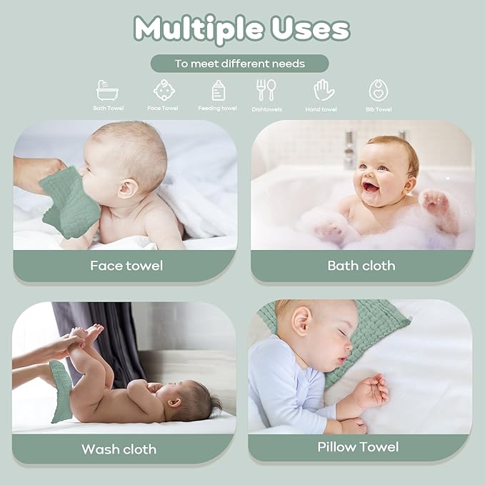 Yoofoss Muslin Baby Washcloths 100% Organic Cotton Face Towels 6 Pack Wash Cloths for Baby 12x12in Soft and Absorbent Baby Wipes (Dark Green)