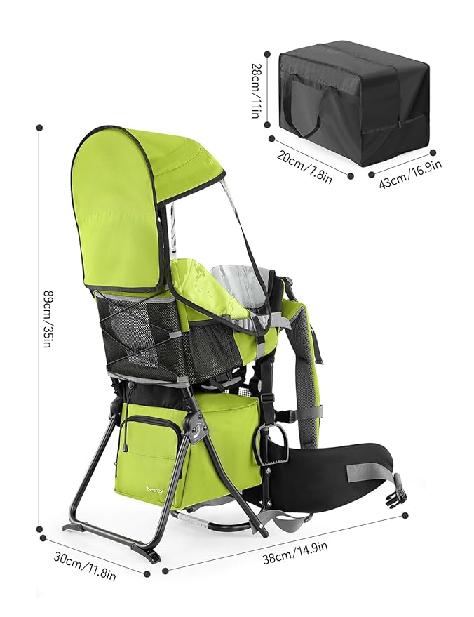 besrey Baby Backpack Carrier, Toddler Hiking Backpack with Safety 3-Height Seat, Adjustable Straps&Waist Belt, Foldable Frame Lightweight Large Capacity Child Carrier for Hiking (Green)