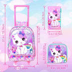 Girls Rolling Backpack, Cute Cat Roller Wheels Kids Bookbag - Wheeled Elementary School Bag - 3PCS Cat