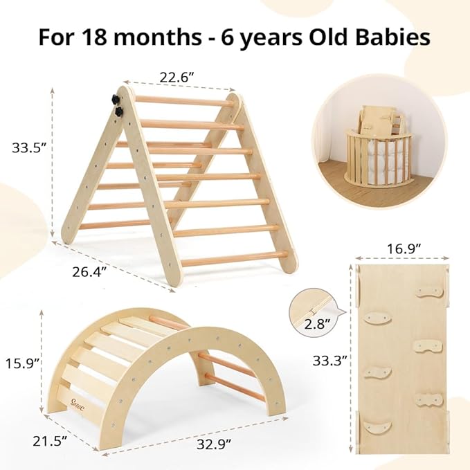 Pikler Triangle Set with Cushion, 8-in-1 Toddler Climbing Toys Indoor, Wooden Montessori Climbing Set with Arch Ramp,Ladder&Tent Cloth, Baby Indoor Climber Jungle Gyms for Toddlers Toy, Natural