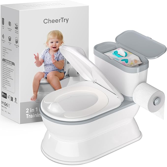 2-in-1 Toddler Potty Training Toilet - Larger Potty Chair & Detachable Training Seat for Boys & Girls Ages 1-3 with Flushing Sound, Wipes Storage, Toilet Paper Holder - Grey