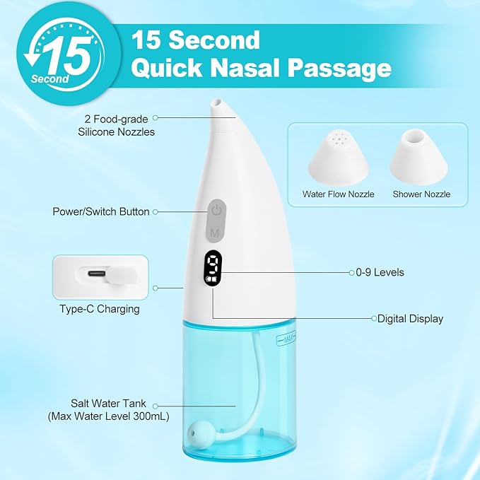 Nasal Irrigation System Cordless Pulsating Nasal Irrigator (9 Speed) ，Electric Neti Pot Nose Wash Bottle with 2 Tips for Nasal Care Sinus Rinse Machine for Adults & Kids