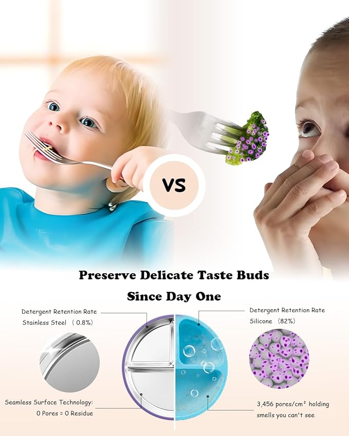 Stainless Steel Toddler Plate with Suction, 8” Divided Plates with Removable Silicone Sleeves for Baby, Non Toxic & BPA Free | Non Slip | Unbreakable Kids Snack Dishes Set of 2, Green & Purple