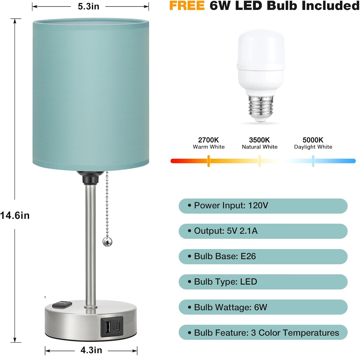 Teal Bedside Lamp for Nightstand - 3 Color Temperature Table Lamp with USB C and A Ports, Pull Chain Lamp for Bedroom with AC Outlet, Coastal Desk Lamp with Silver Metal Base for Kids Girls